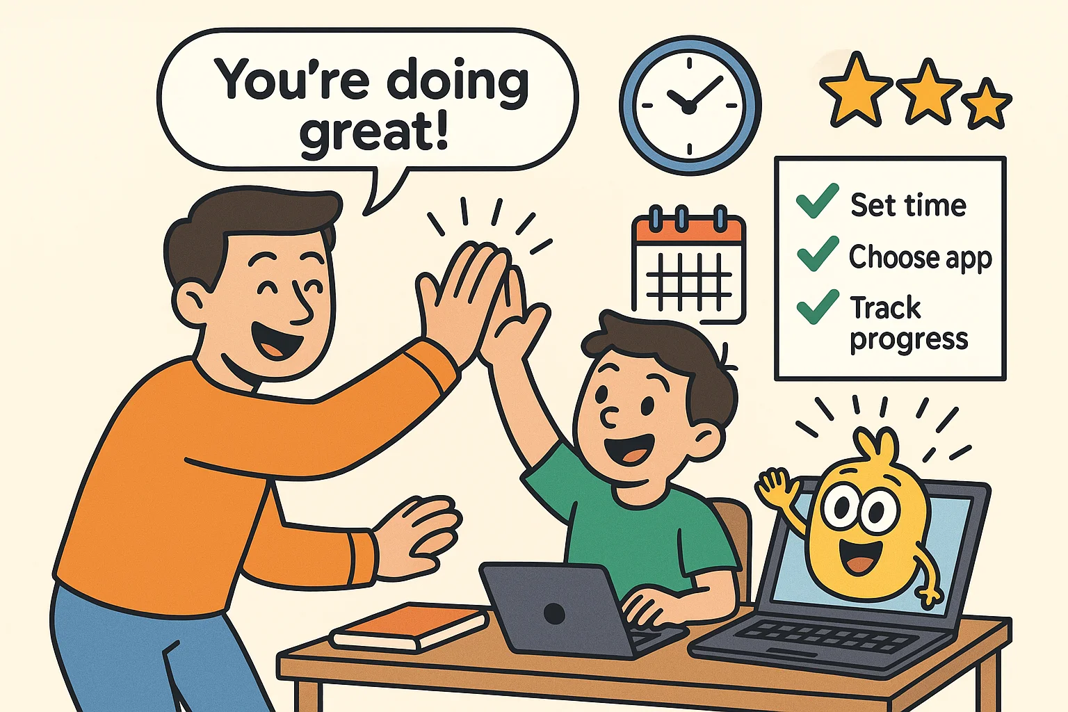 Smiling parent and kid high-fiving after typing practice. Smiling parent and kid high-fiving after typing practice.