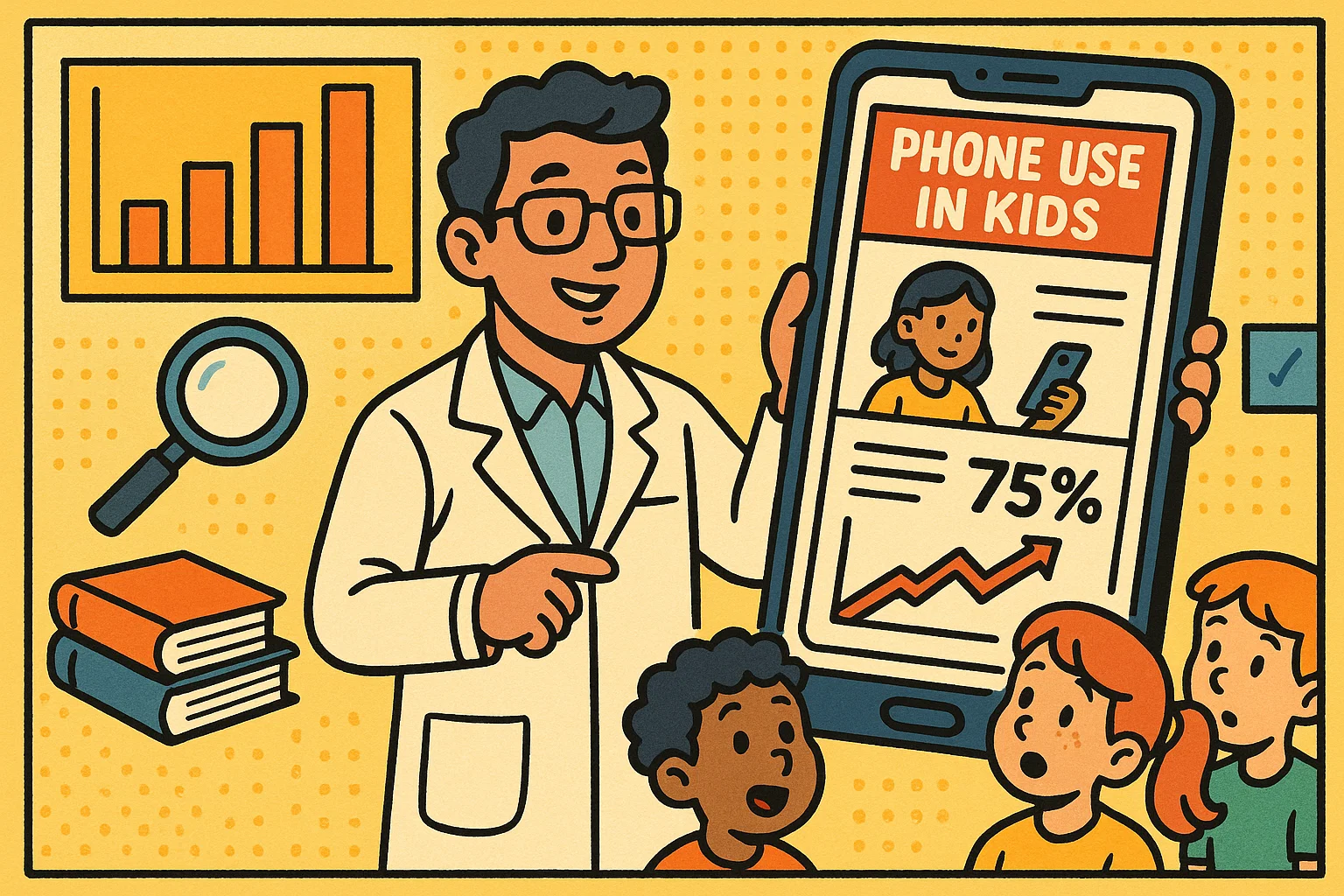Researcher showing phone use statistics in kids Researcher showing phone use statistics in kids