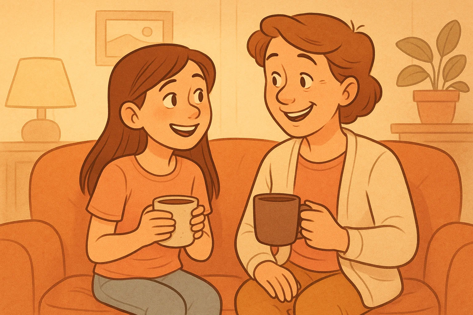 Mom and daughter sitting on couch having friendly conversation with coffee mugs Mom and daughter sitting on couch having friendly conversation with coffee mugs