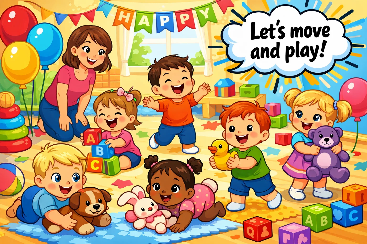 First birthday party active play toddlers enjoying soft movement games.
