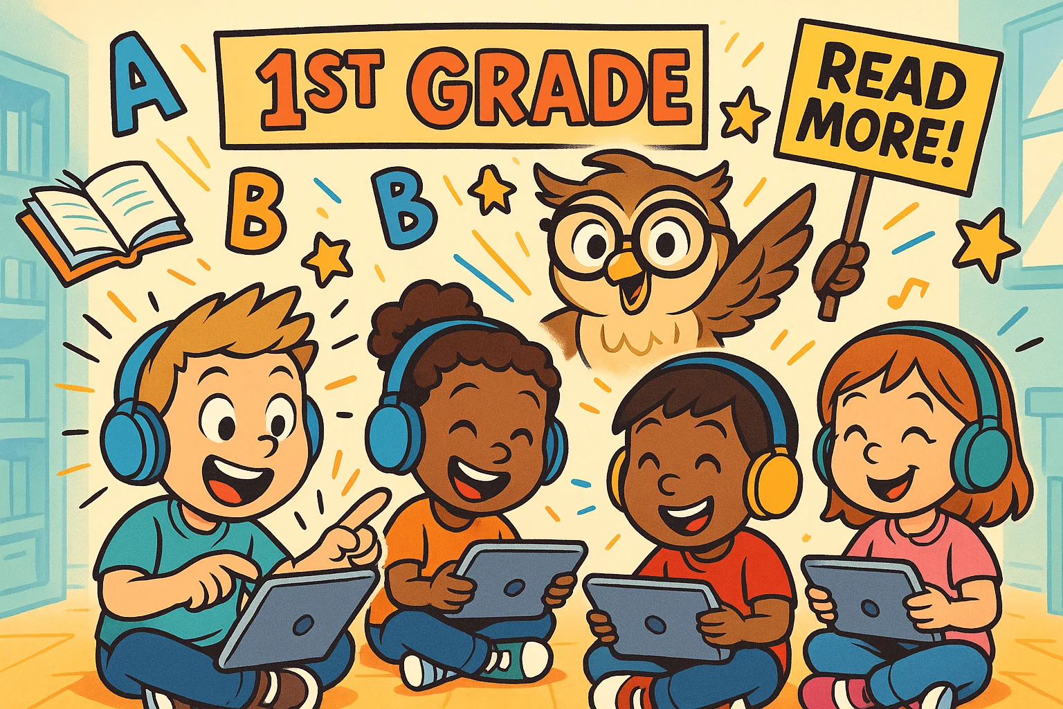 Happy first graders using reading apps on tablets. Happy first graders using reading apps on tablets.
