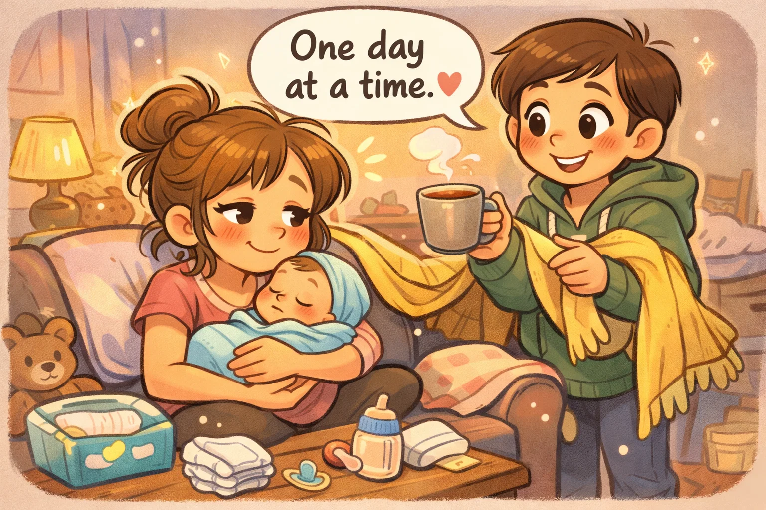 First time parent new mom postpartum cartoon with tired mother holding newborn.
