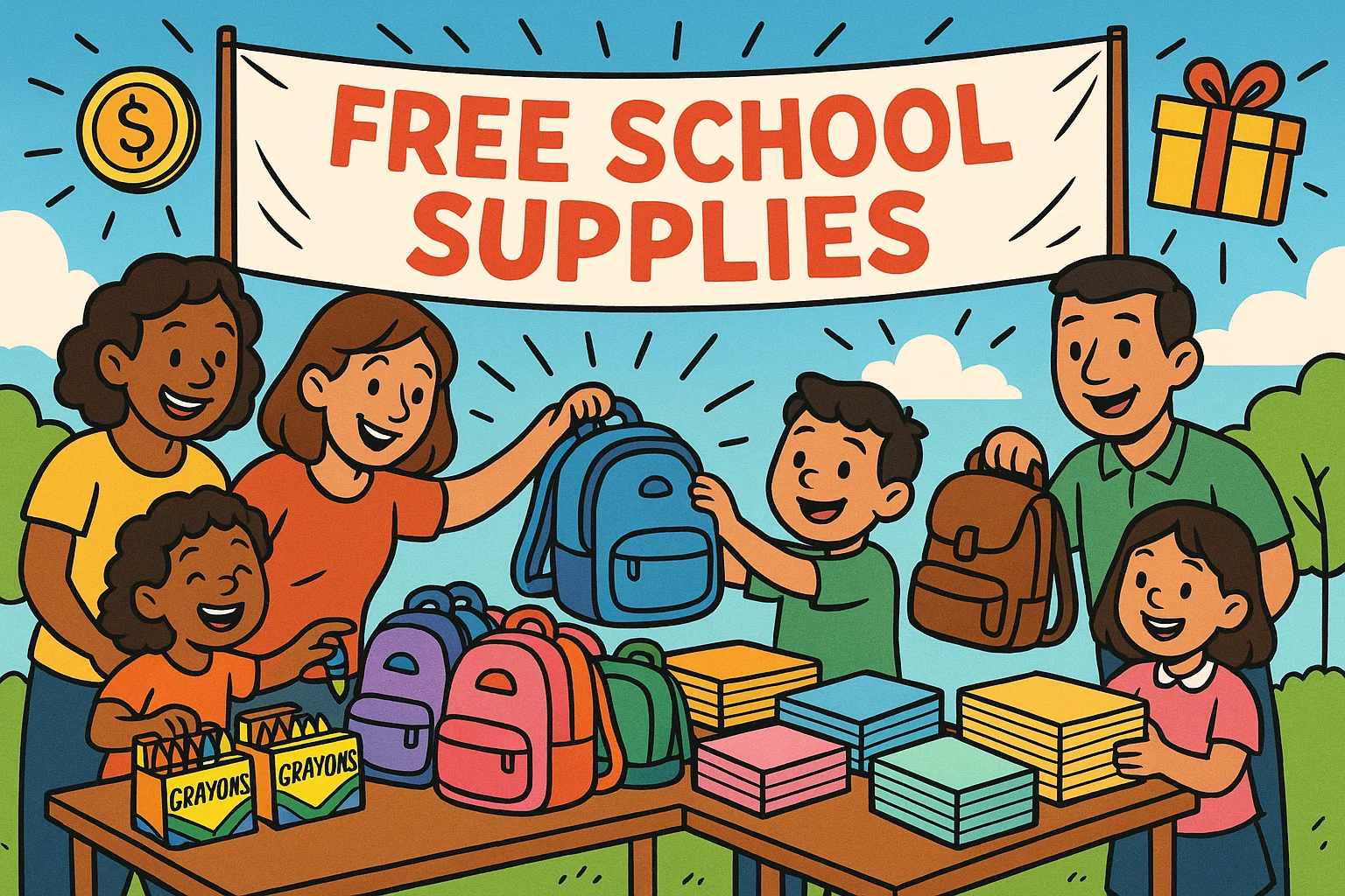 Families collecting free school supplies Families collecting free school supplies