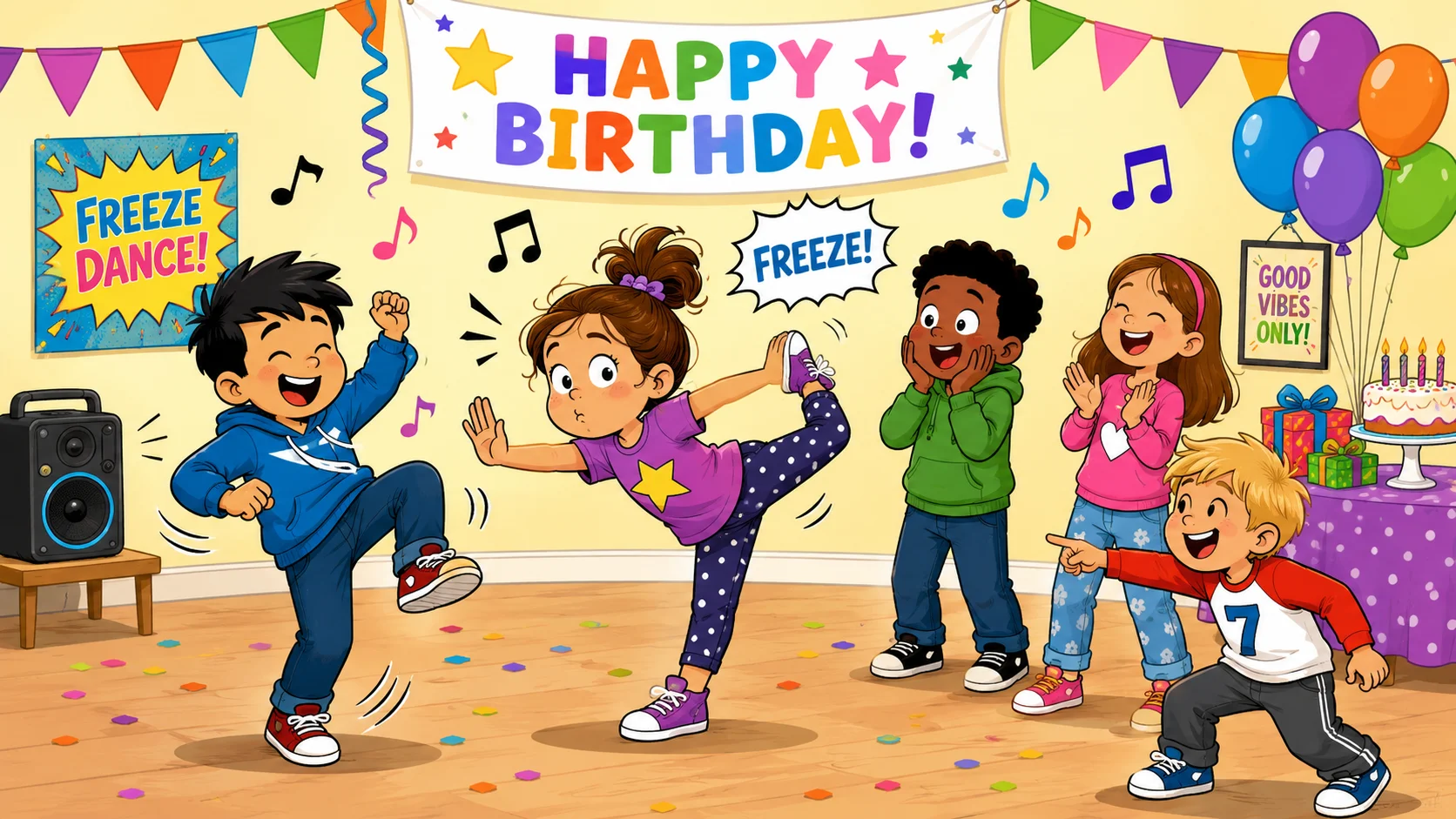 Freeze dance birthday party game for kids indoors. 