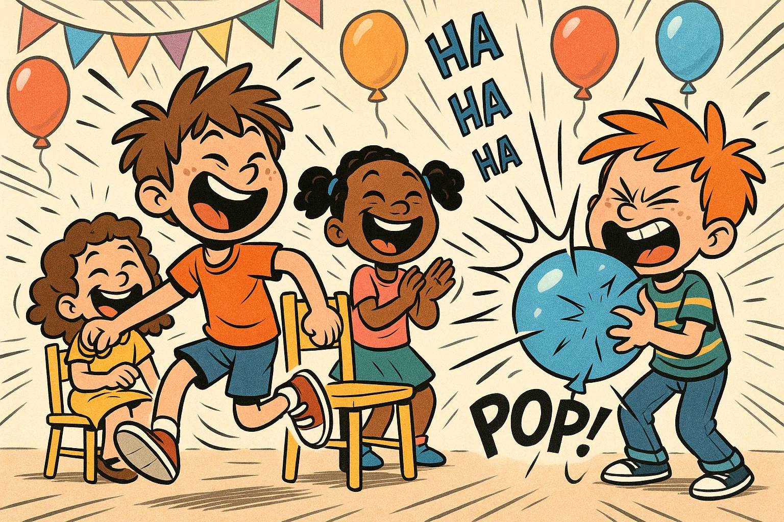 Playful cartoon of kids enjoying a fun and easy indoor birthday party with classic games. Playful cartoon of kids enjoying a fun and easy indoor birthday party with classic games.