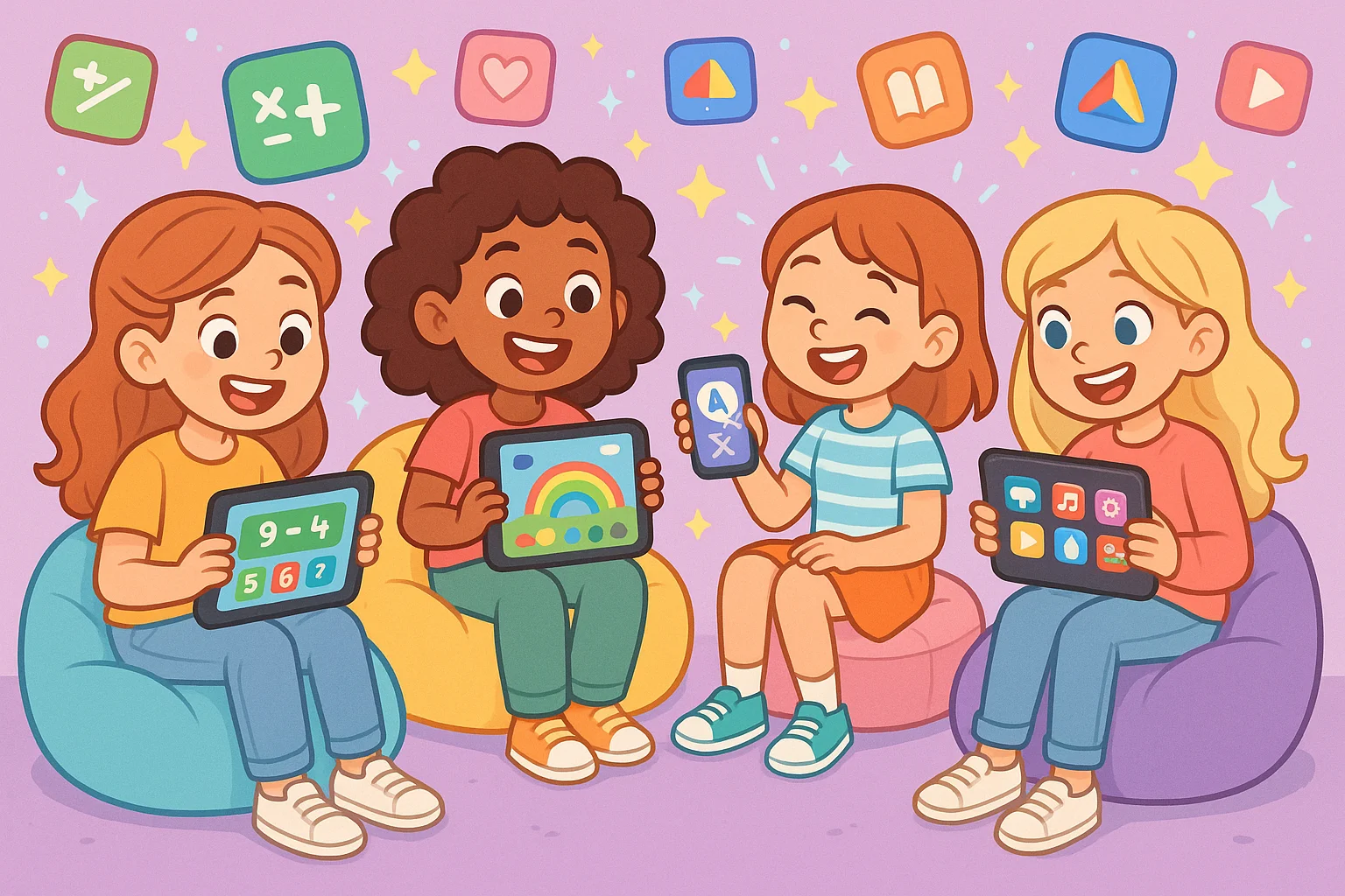 Happy girls using apps on tablets and phones. Happy girls using apps on tablets and phones.