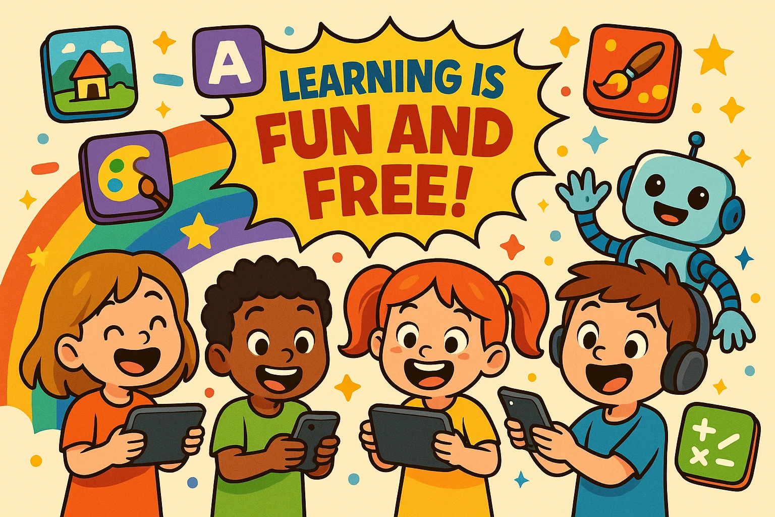 Happy kids playing fun learning apps Happy kids playing fun learning apps
