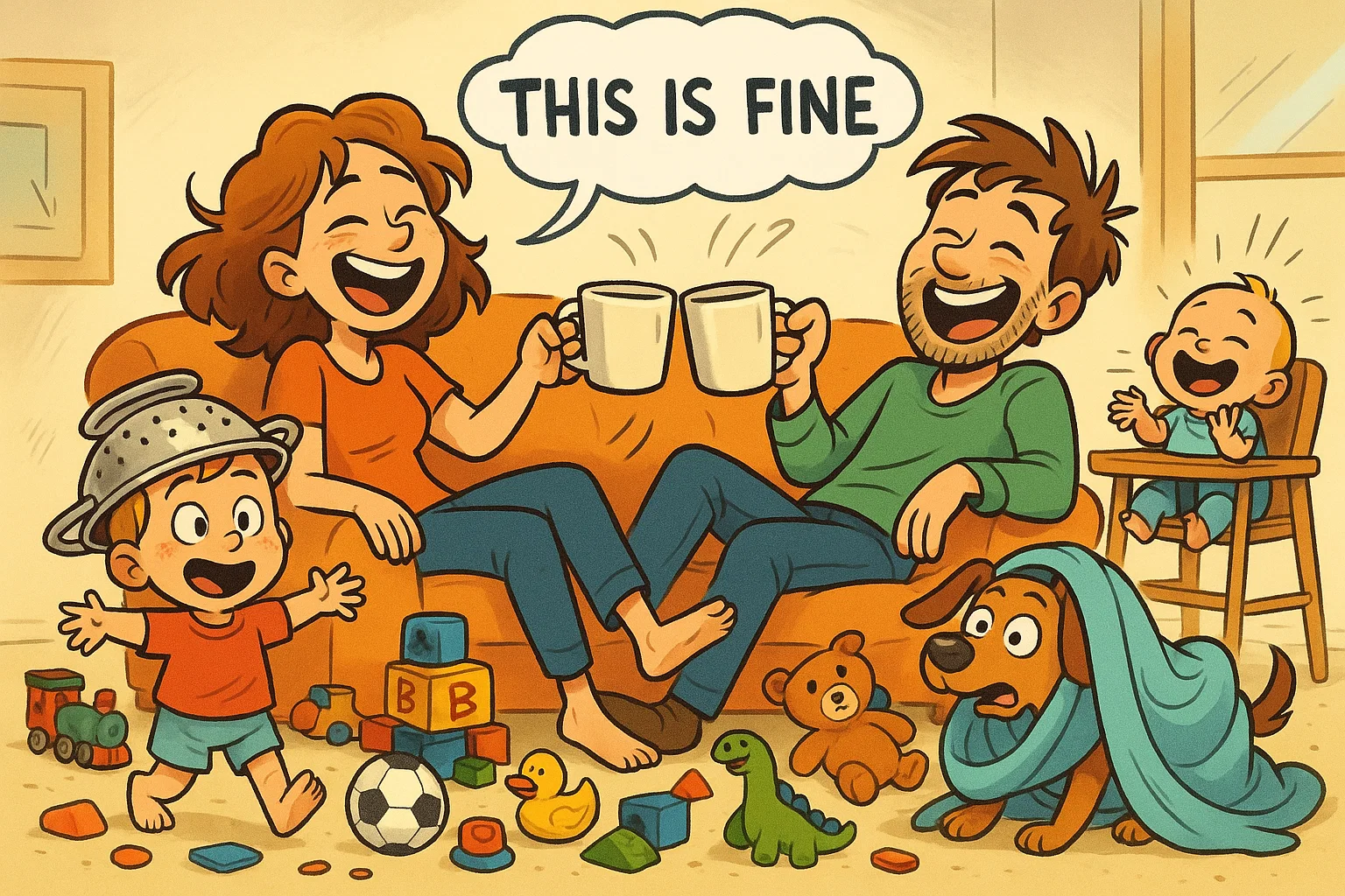 A funny cartoon of parents surrounded by chaos but laughing A funny cartoon of parents surrounded by chaos but laughing