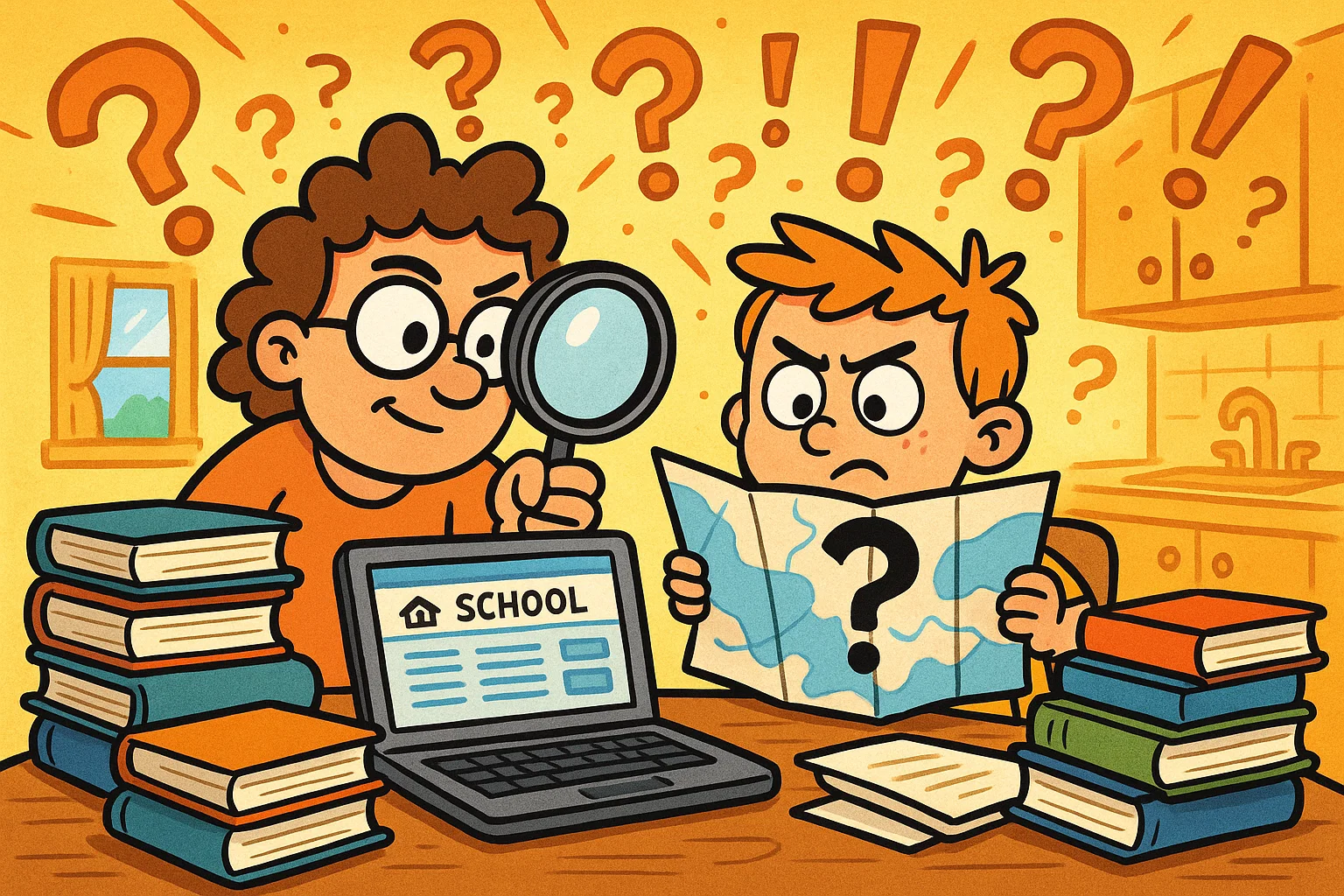 A cartoon of a parent and child gathering information for grammar school with a map and magnifying glass.