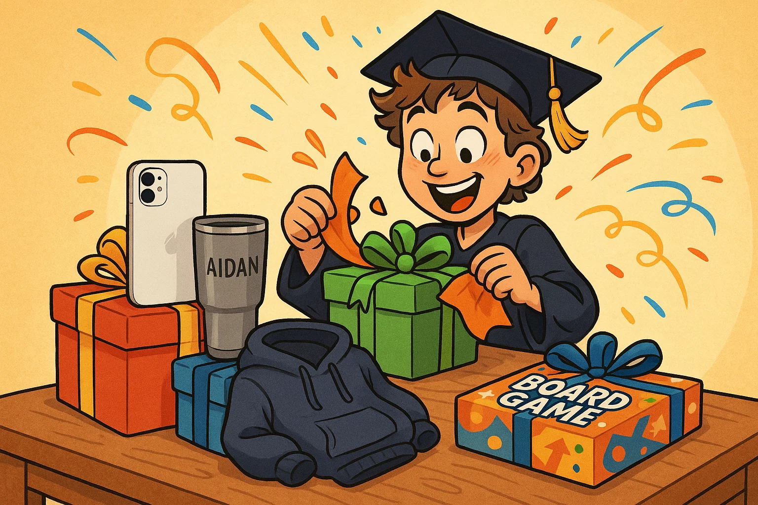 A playful cartoon of a graduate surrounded by a diverse collection of gifts, including tech, custom items, and apparel.
