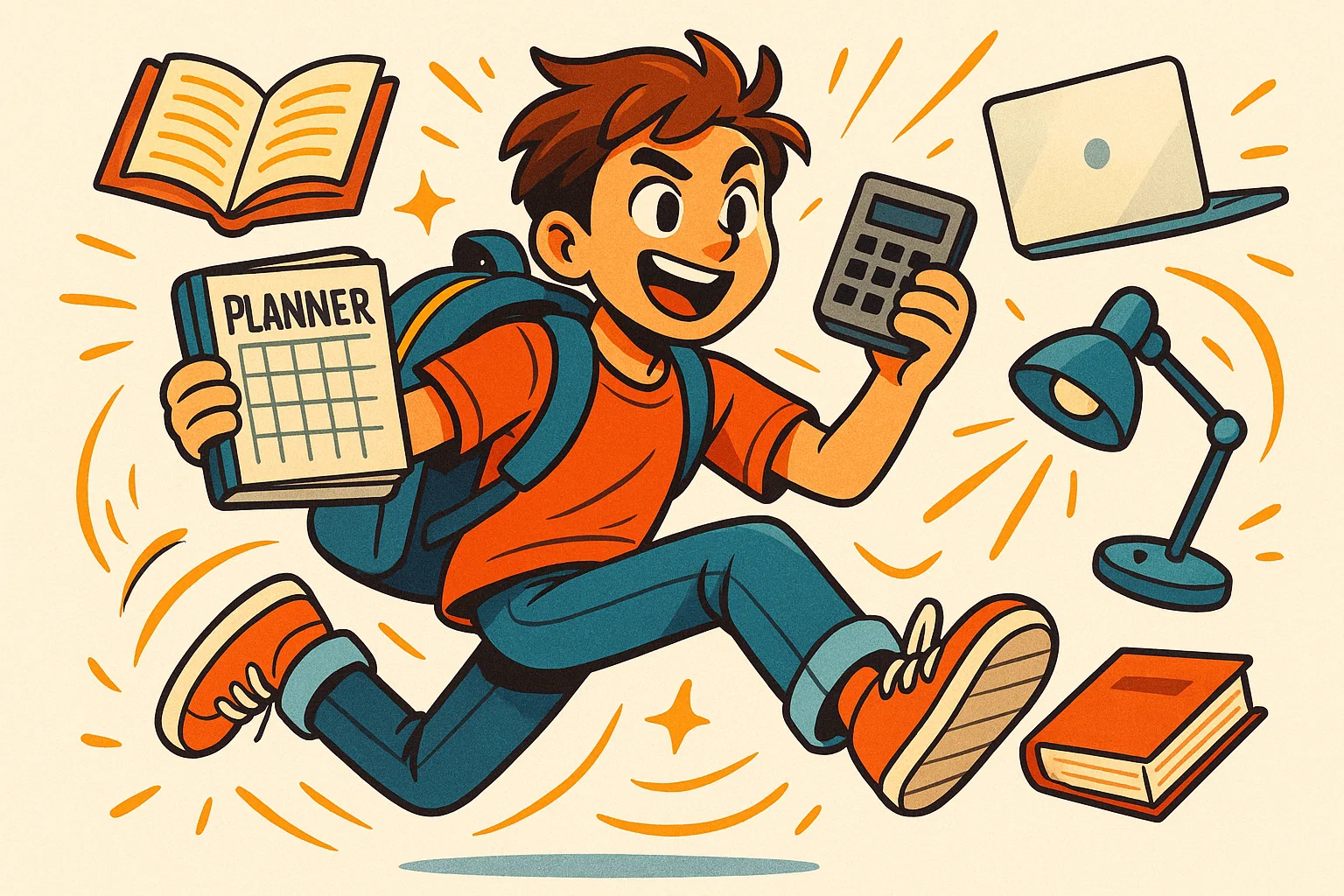A cartoon of a happy student surrounded by academic supplies like a new backpack, planner, and books for high school.
