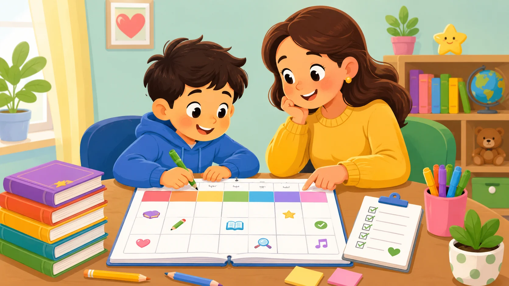 Grammar school preparation plan with parent and child using weekly study calendar.