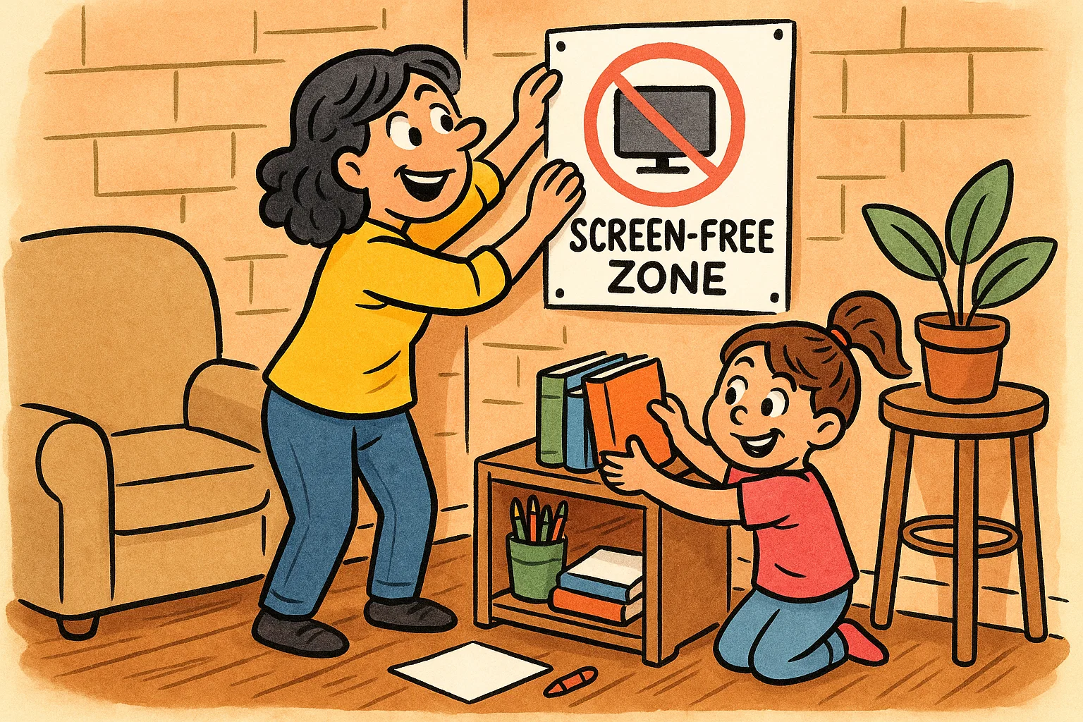 A cartoon of a parent and child setting up a 'screen-free zone' with books and art supplies. A cartoon of a parent and child setting up a 'screen-free zone' with books and art supplies.