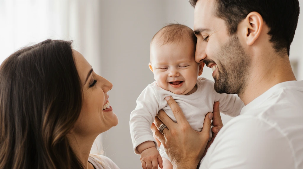 A sincere photo of a parent gratefully watching a loved one hold their child.