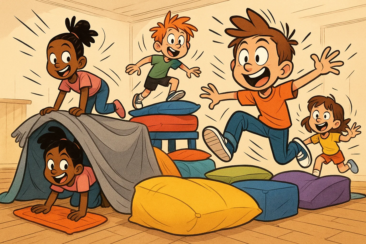 A cartoon of energetic children playing an active indoor obstacle course game at a birthday party. A cartoon of energetic children playing an active indoor obstacle course game at a birthday party.