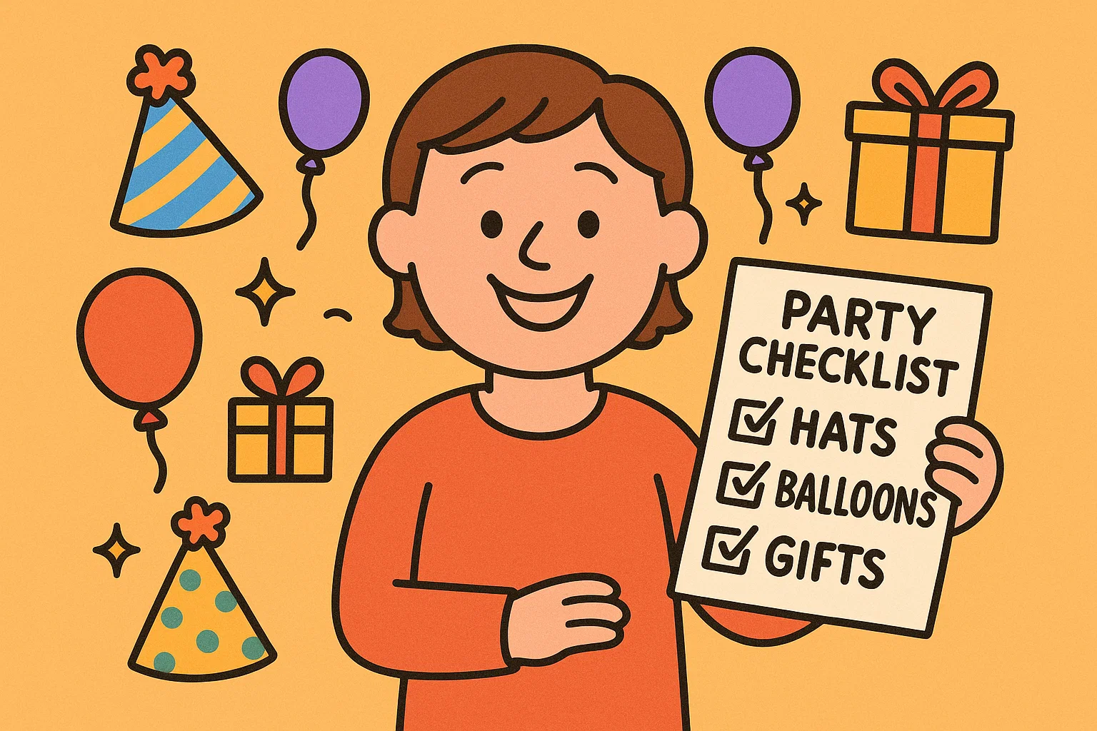 A cartoon illustration of a happy parent with a checklist, representing successful party planning. A cartoon illustration of a happy parent with a checklist, representing successful party planning.
