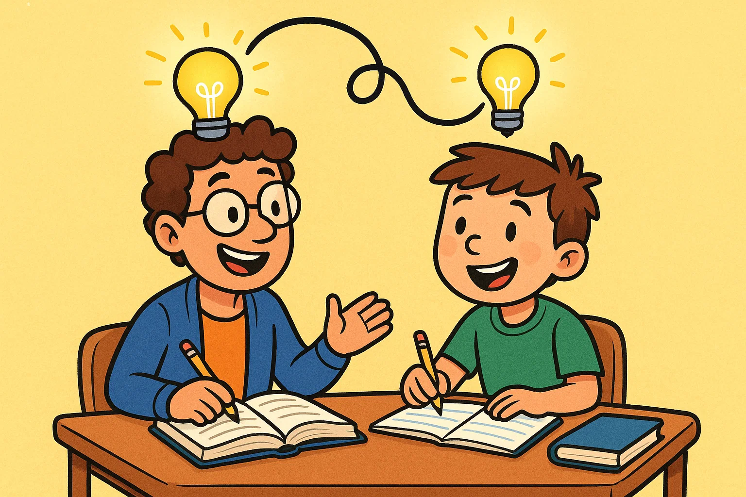 A cartoon of a tutor and a student with lightbulbs over their heads, symbolizing shared knowledge.