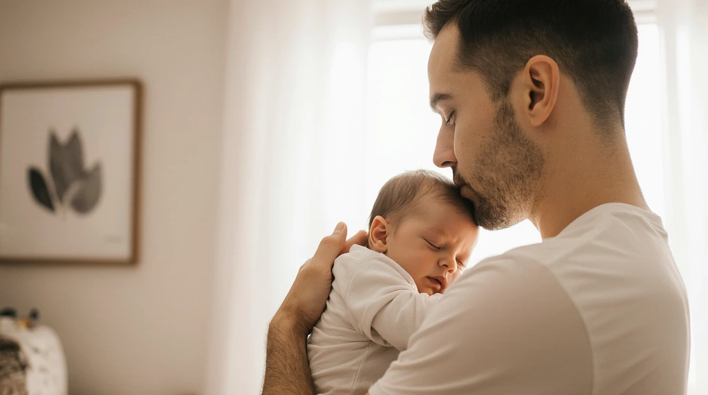 A high-quality photo of a new parent holding their newborn in a cozy nursery. A high-quality photo of a new parent holding their newborn in a cozy nursery.