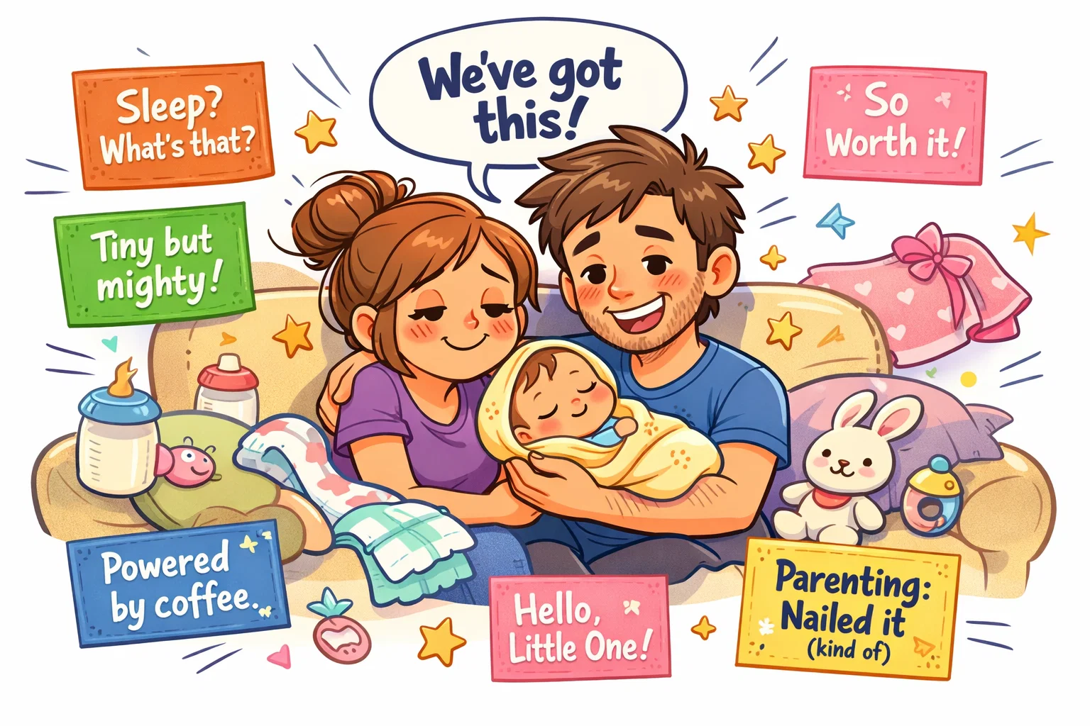 Inspirational quotes for new parents cartoon with smiling parents and newborn baby.
