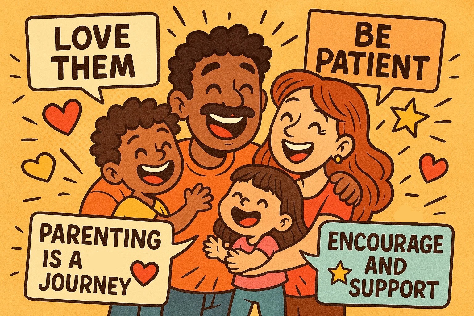 Cartoon illustration of afamily, including parents and children, surrounded by inspirational parenting quotes. Cartoon illustration of afamily, including parents and children, surrounded by inspirational parenting quotes.