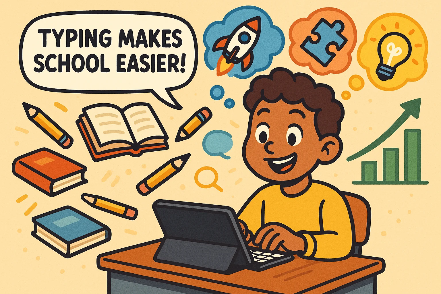 Smiling boy using tablet to type with learning icons showing typing helps school success. Smiling boy using tablet to type with learning icons showing typing helps school success.