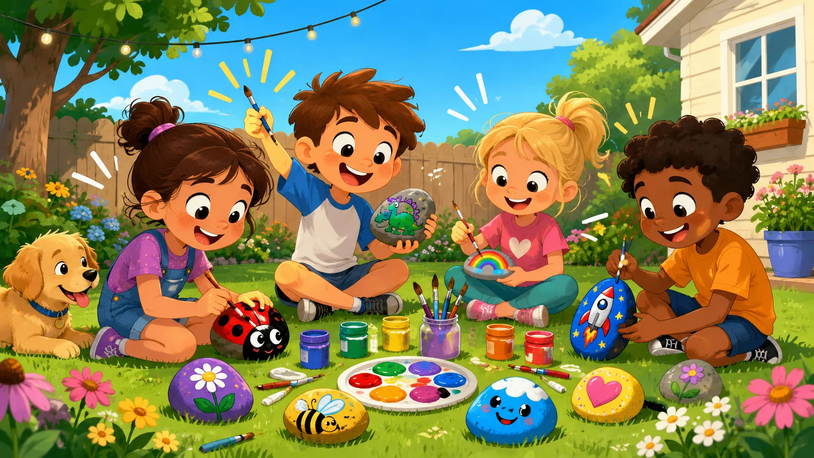 Kids painting rocks during fun outdoor art activity in sunny backyard.