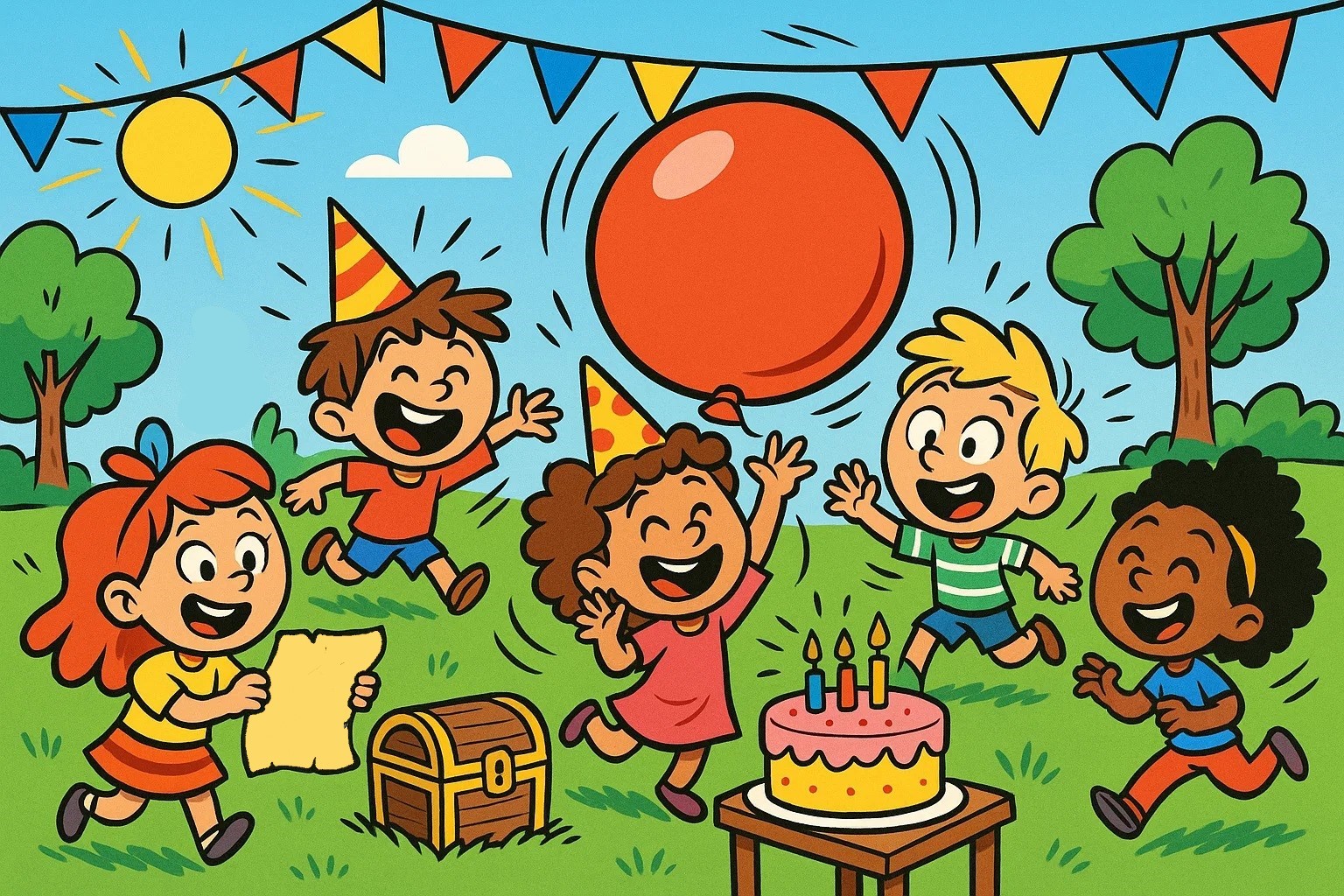 A cartoon illustration of a lively kids' birthday party in a sunny park with children playing games, laughing, and having fun. A cartoon illustration of a lively kids' birthday party in a sunny park with children playing games, laughing, and having fun.