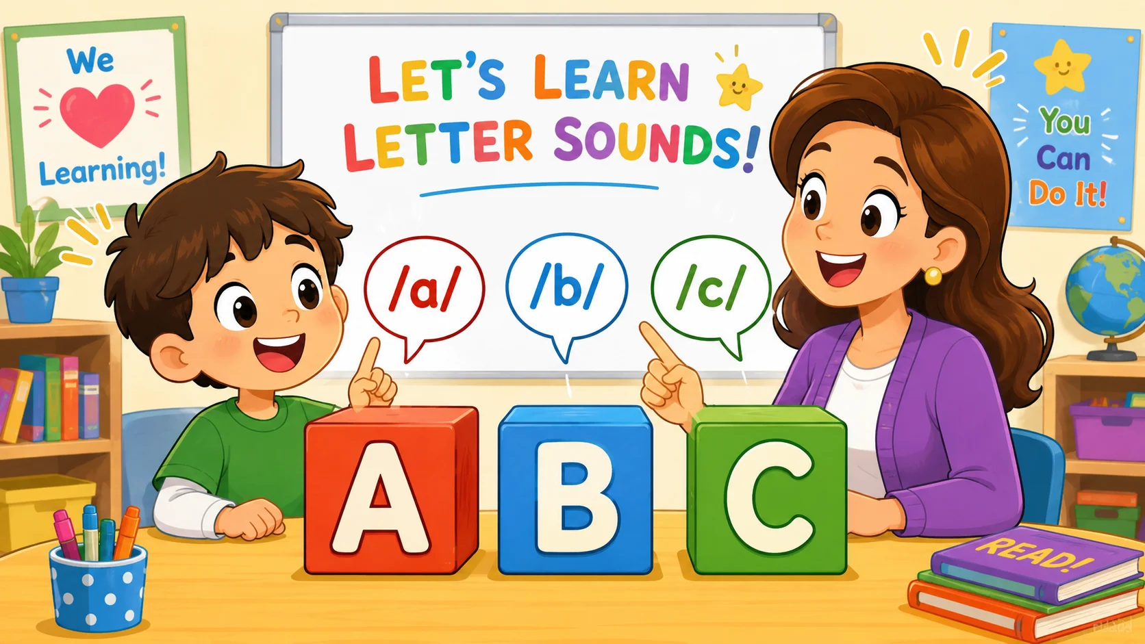 Child learning letter sounds, ABCs, and phonics with a teacher. 
