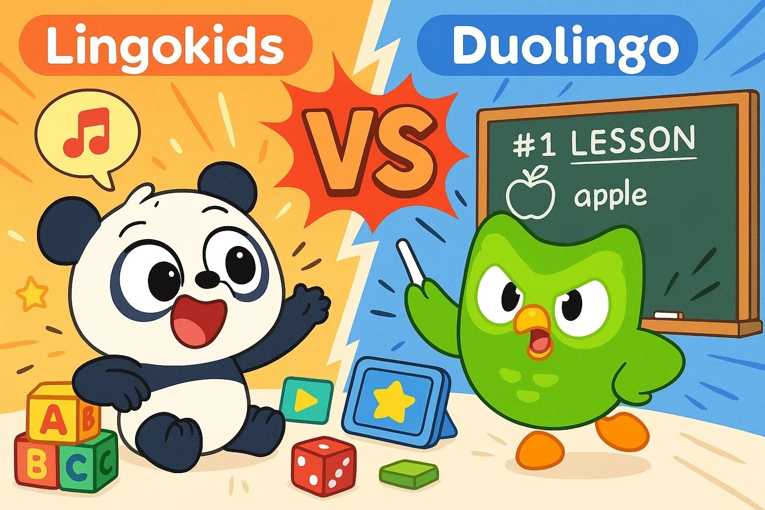 Cartoon of Lingokids and Duolingo mascots in a competition, highlighting their different learning methods. Cartoon of Lingokids and Duolingo mascots in a competition, highlighting their different learning methods.
