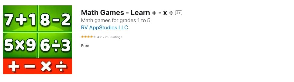 Math Games, Learn Add, Subtract, Multiply & Divide app screenshot.