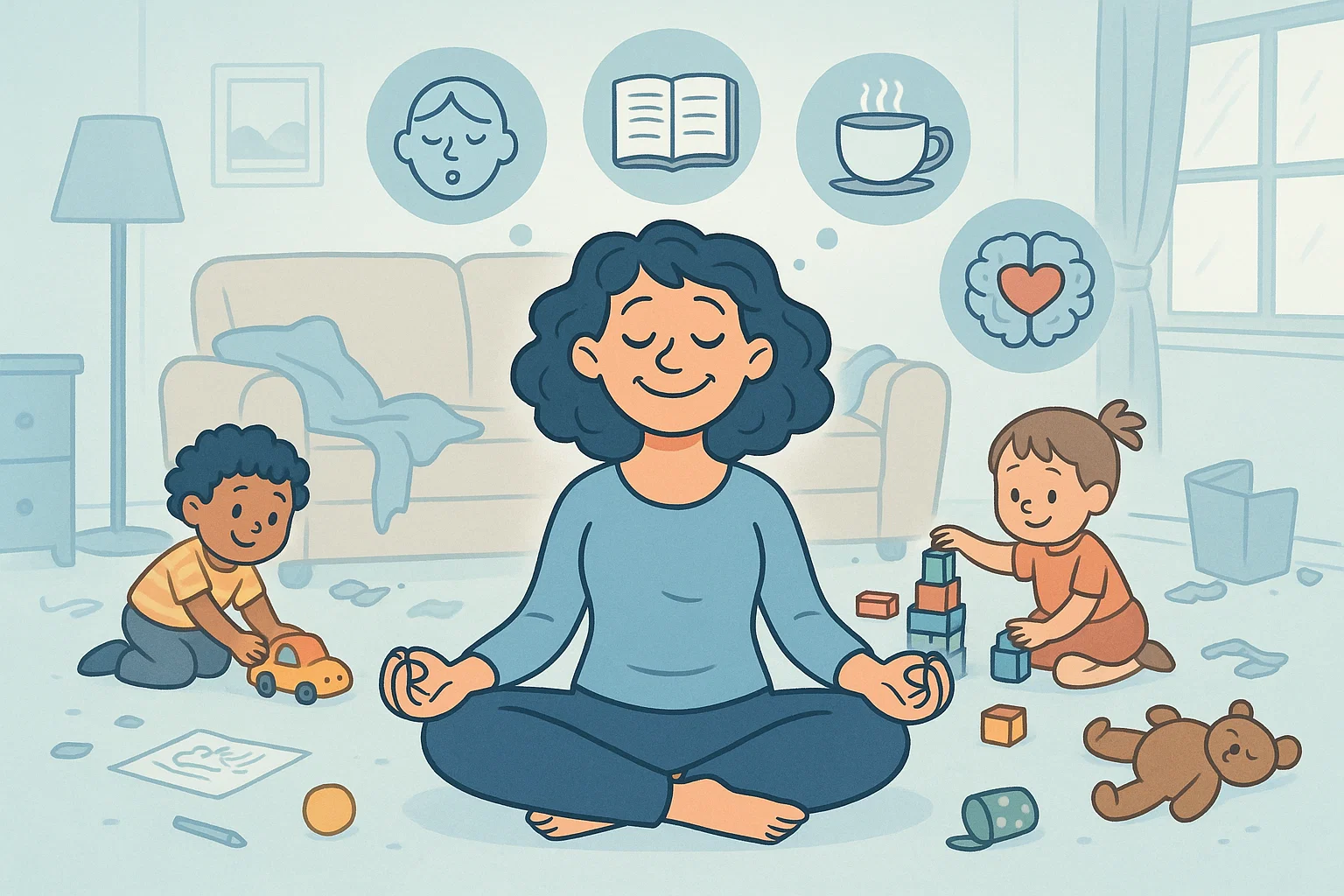 Mom meditating for self-care while children play happily in a cozy room.