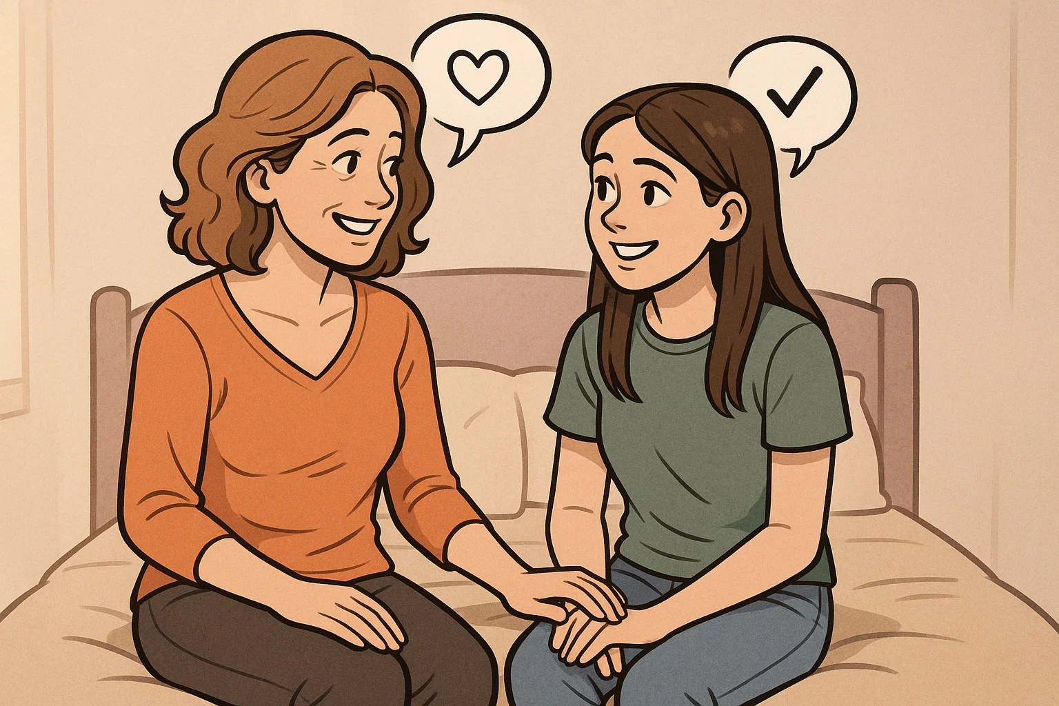  Mother and teenage daughter talking on bed with heart and checkmark symbols.