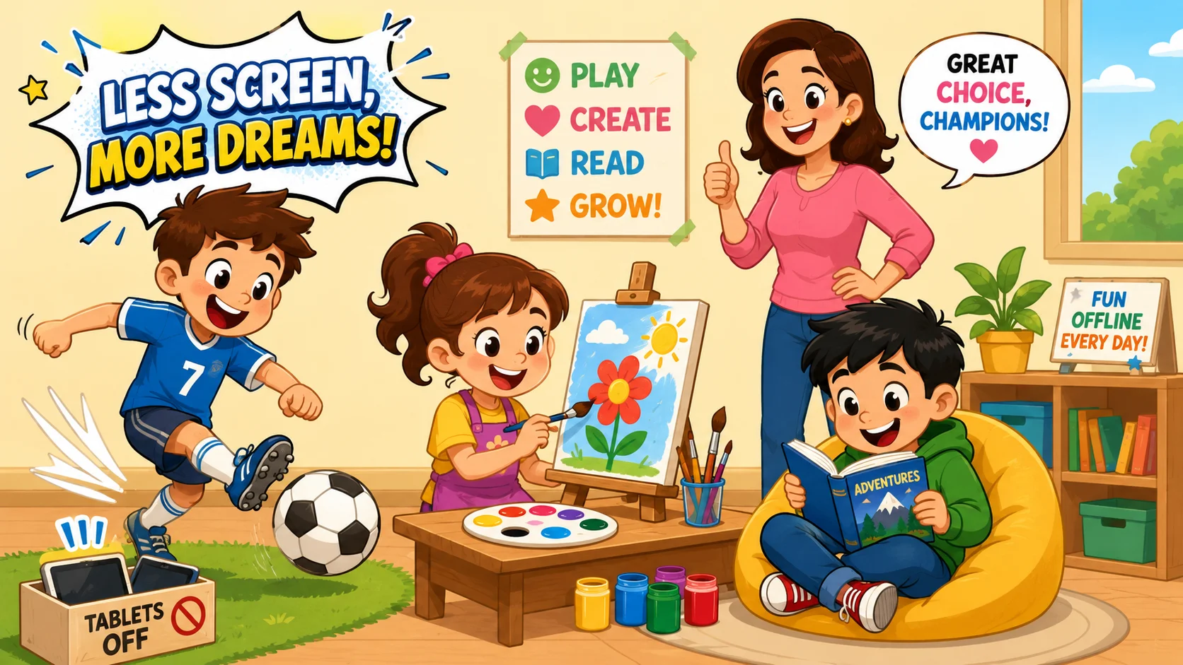Children choosing offline activities for digital age parenting.