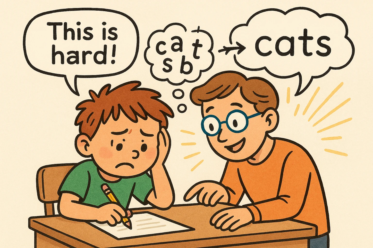  Child struggling to read gets help from adult who explains how to form words from letters.
