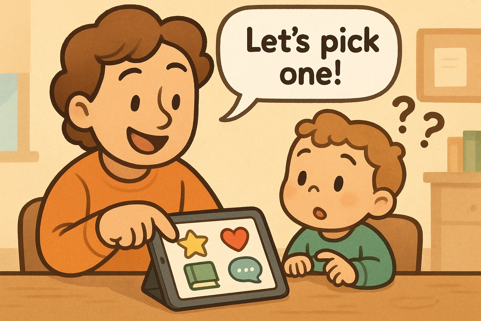 Parent helping toddler pick a speech learning app Parent helping toddler pick a speech learning app