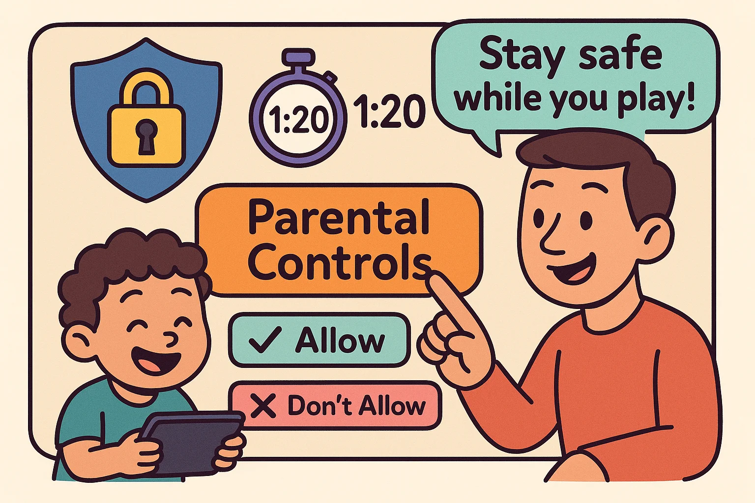 Parent guiding child through parental controls for safe app usage with timer and safety icons. Parent guiding child through parental controls for safe app usage with timer and safety icons.