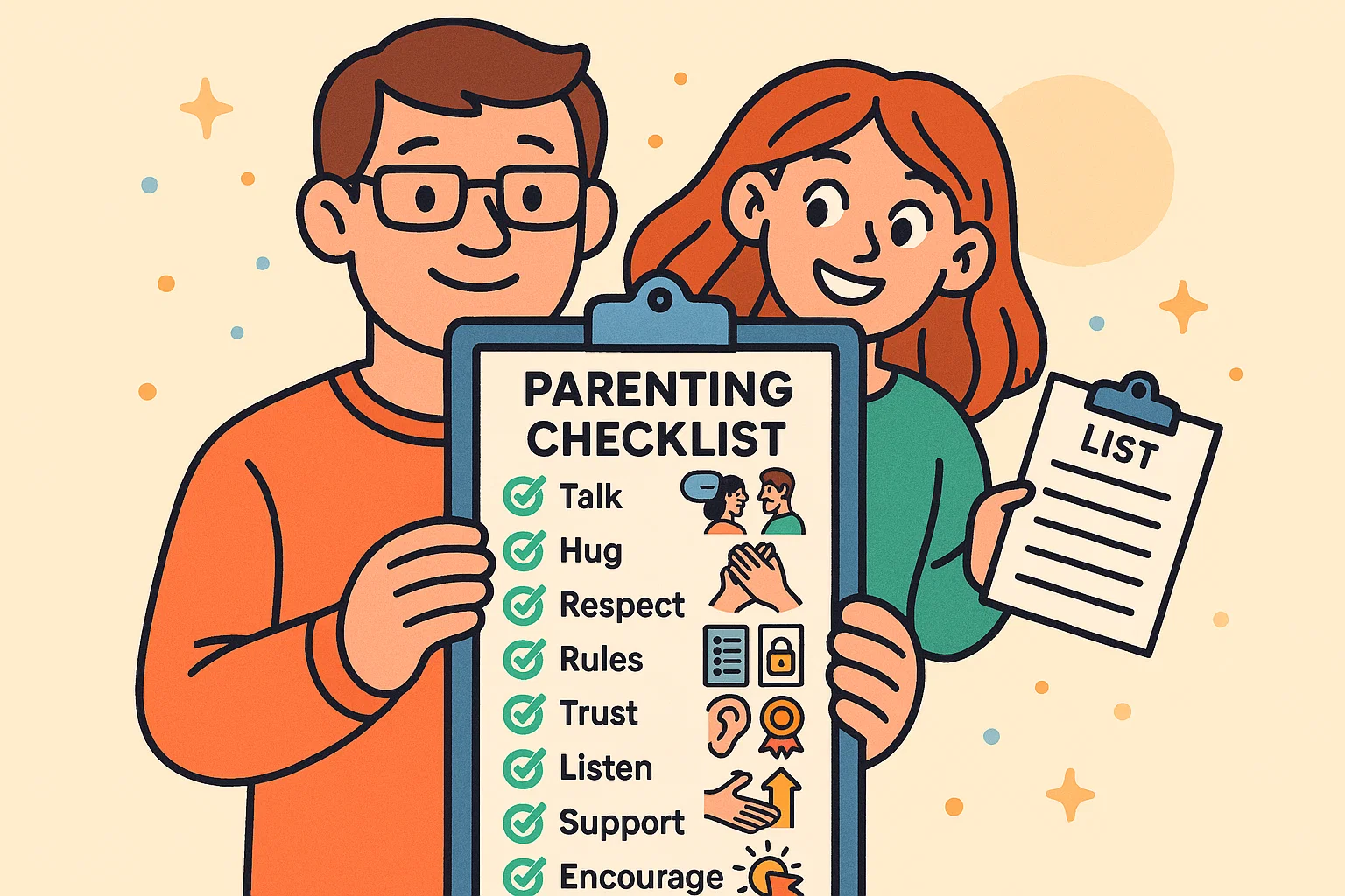 Parents showing parenting checklist with rules, trust, talk, and support icons.