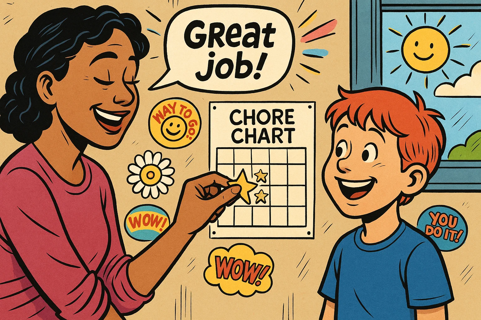 Mom gives gold stars for chores as positive parenting reinforcement.