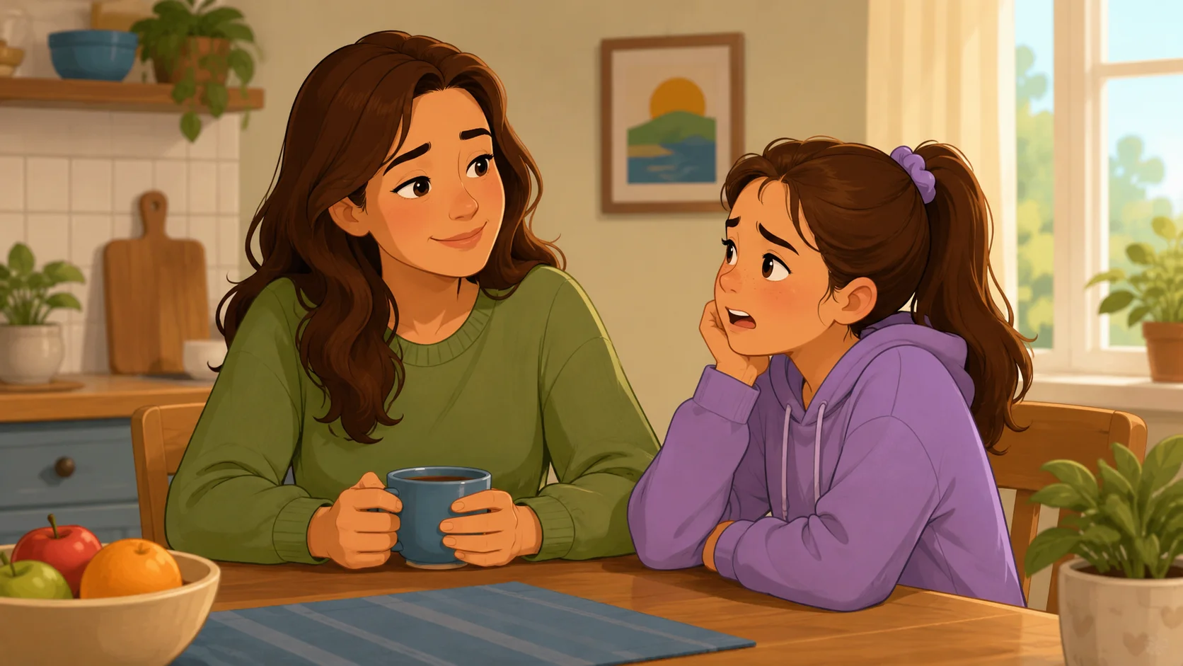 Parenting tweens calm structure during supportive kitchen conversation.
