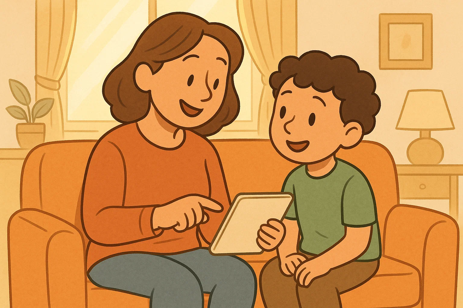 A cartoon of a parent and child looking at a tablet together, with the parent guiding the child in a supportive way.