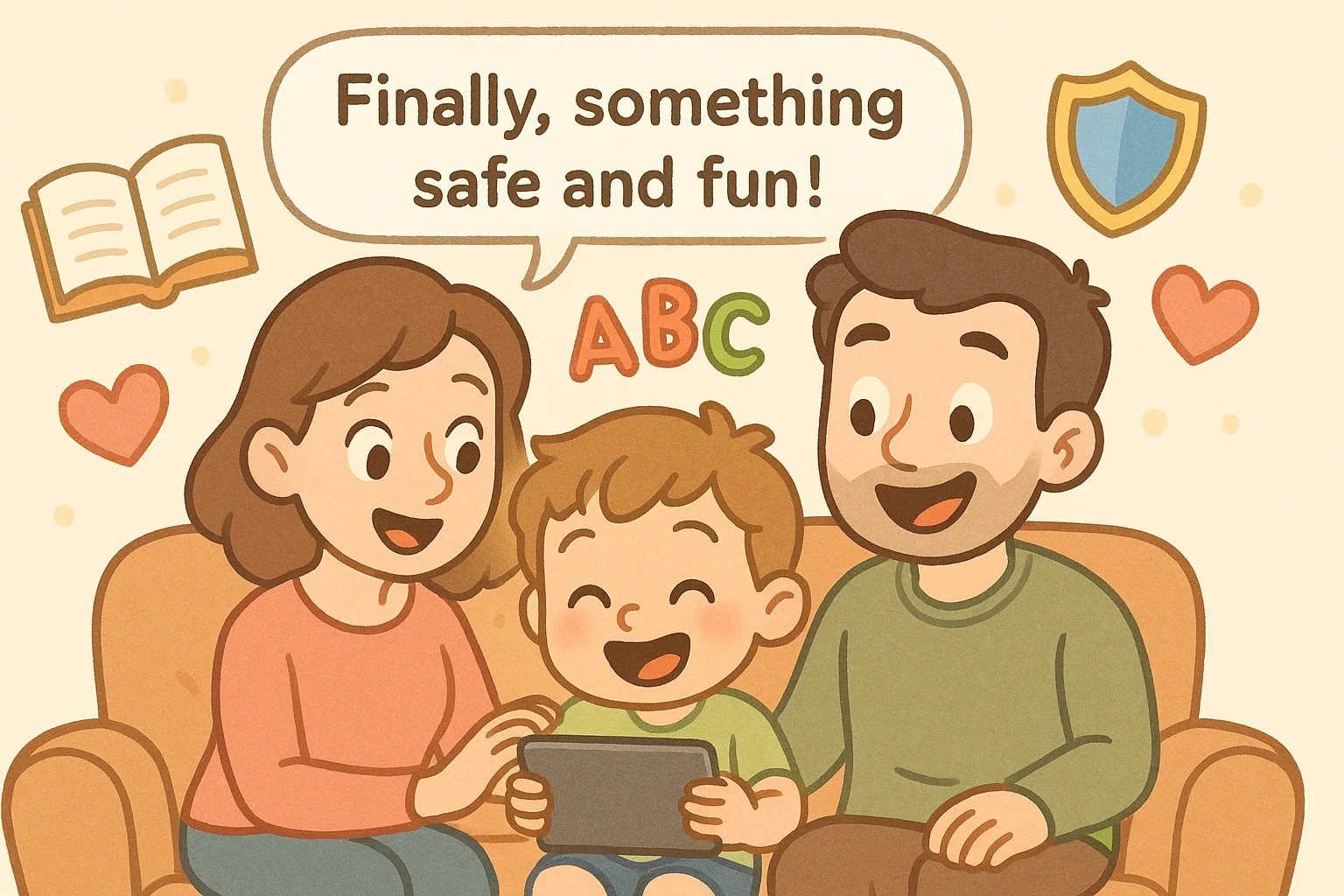 Smiling parents and child playing together with a tablet and saying “Finally, something safe and fun!” Smiling parents and child playing together with a tablet and saying “Finally, something safe and fun!”