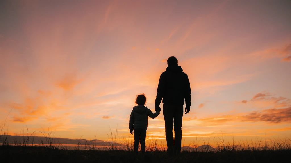 A photo of a parent and child holding hands while watching a sunset, symbolizing perseverance. A photo of a parent and child holding hands while watching a sunset, symbolizing perseverance.
