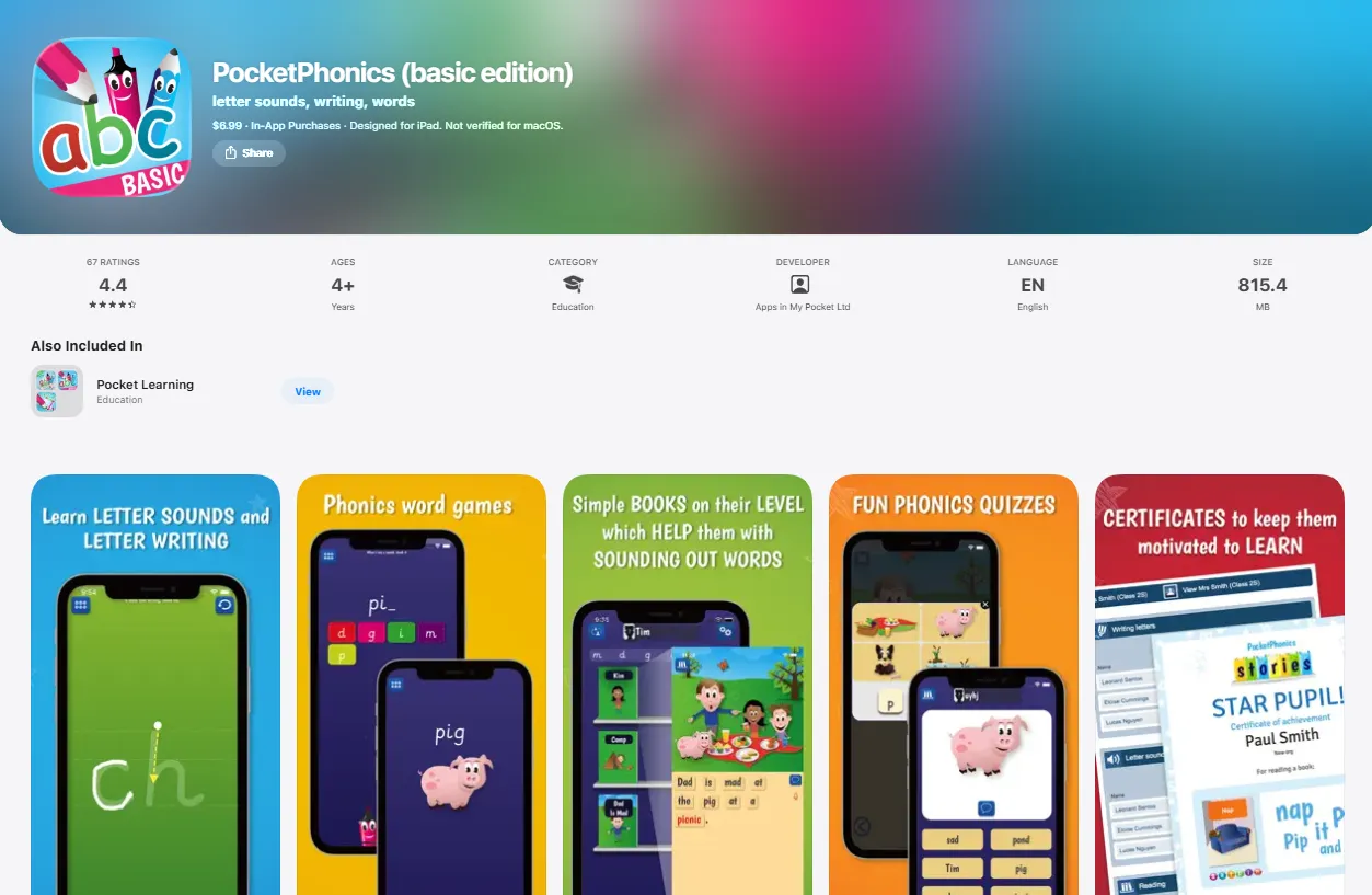 PocketPhonics app combining phonics and handwriting practice for kids