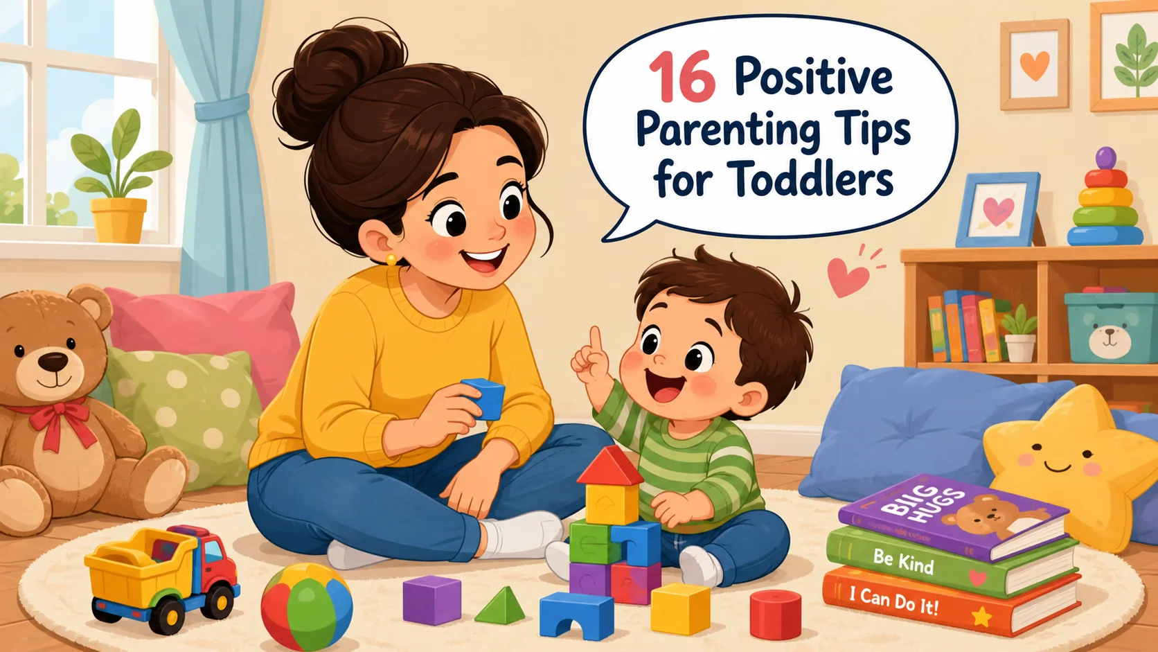 Positive parenting tips for toddlers cartoon with parent and child playing.