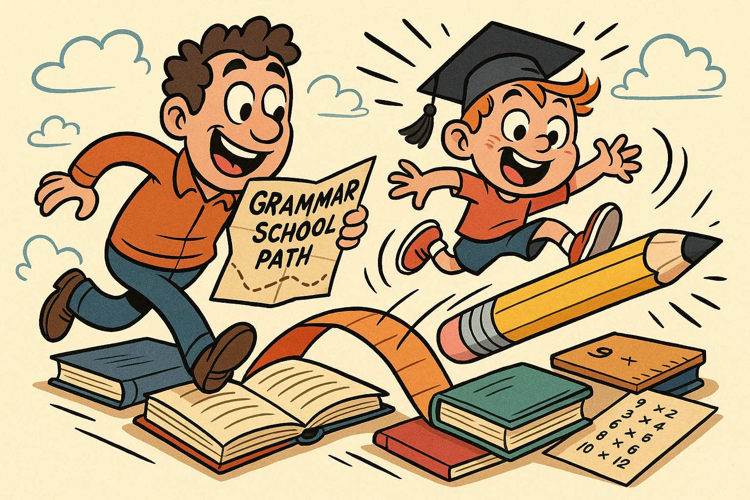 Playful cartoon of a parent and child on an adventurous path of books, representing preparation for grammar school. Playful cartoon of a parent and child on an adventurous path of books, representing preparation for grammar school.
