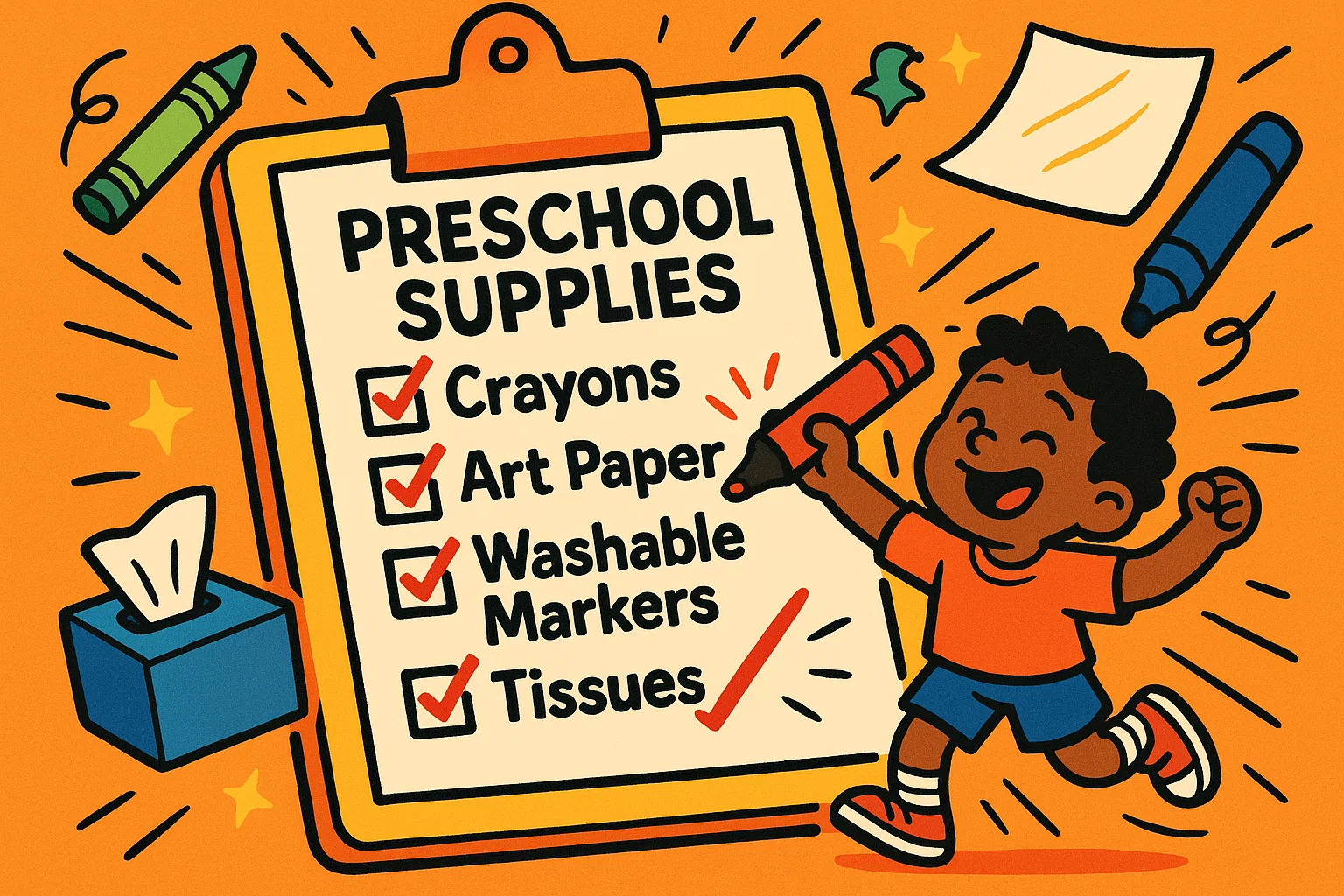 Child next to preschool supplies checklist