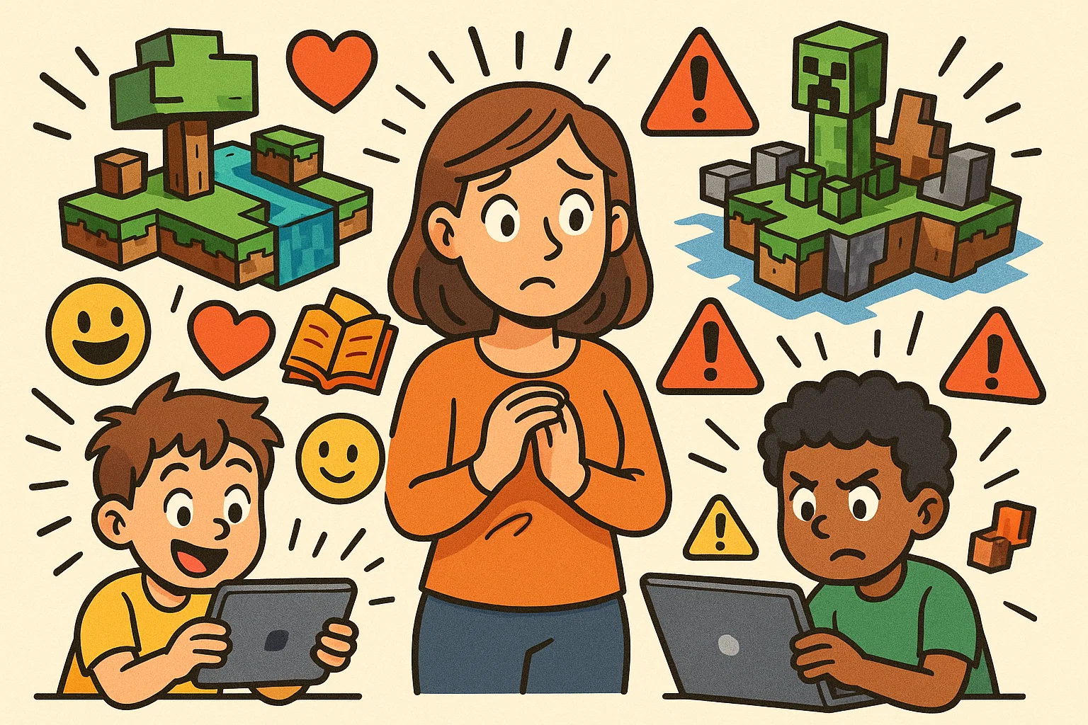 Kids playing Minecraft with different reactions and concerned parent Kids playing Minecraft with different reactions and concerned parent