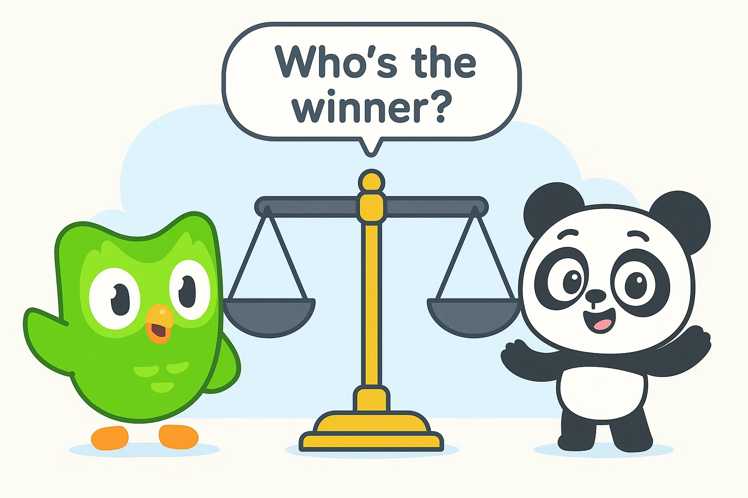 Cartoon of the Duolingo owl and Lingokids panda mascot on a balance scale. Cartoon of the Duolingo owl and Lingokids panda mascot on a balance scale.