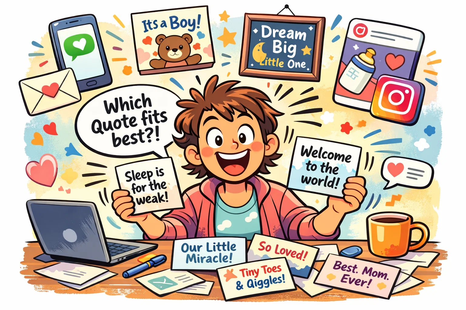 Quick picks how to use quotes cartoon with parent choosing quote cards and messages.
