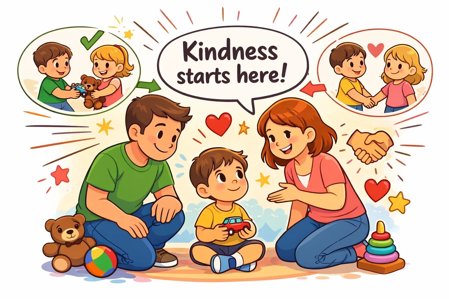 Raising good humans guidance discipline cartoon with parents teaching child kindness.
